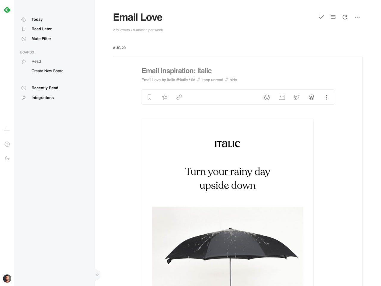 Email Love RSS feed preview on feedly Screenshot